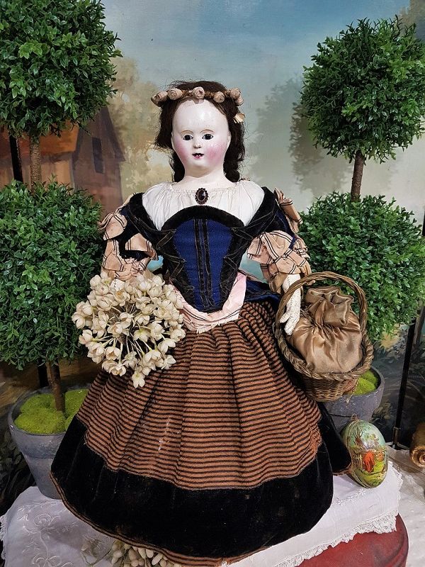 All original 1840-Era French Paper Mache Doll with gorgeous Costume