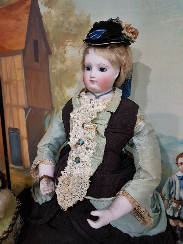 Super Huret era 1860th. French Poupee with Gorgeous antique Costume