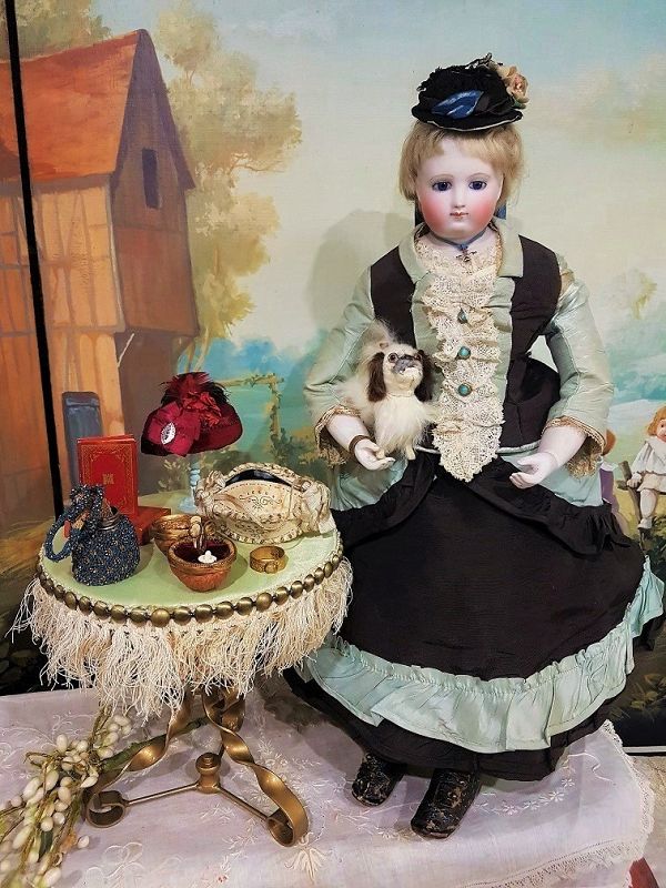 Super Huret era 1860th. French Poupee with Gorgeous antique Costume