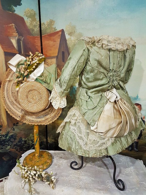 Lovely French one of a Kind French Bebe Costume with Straw Bonnet
