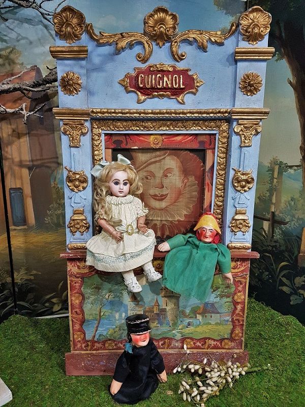 Rare small Antique French Guignol Doll Size Puppet Theater