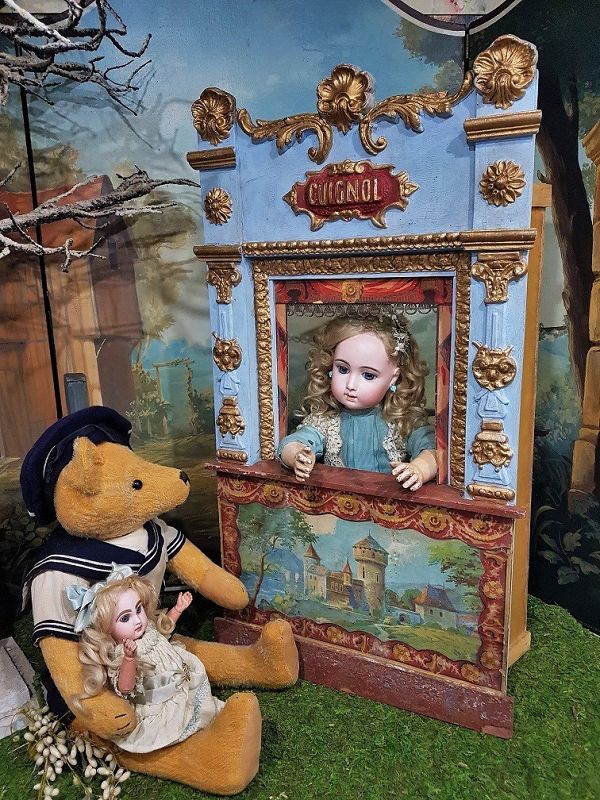 Rare small Antique French Guignol Doll Size Puppet Theater