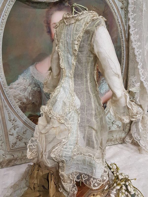 Stunning Antique 1870th. French Poupee Muslin Bustle Gown