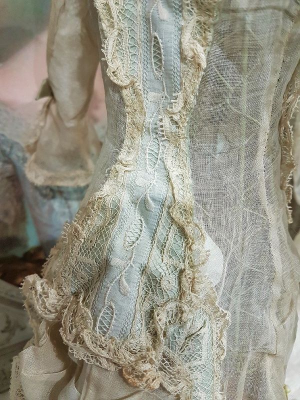 Stunning Antique 1870th. French Poupee Muslin Bustle Gown