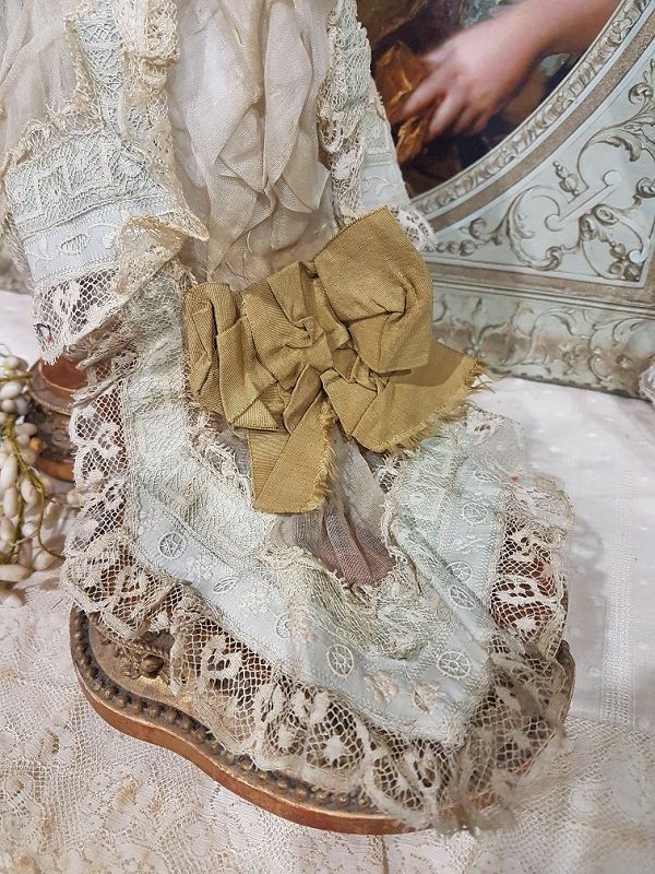 Stunning Antique 1870th. French Poupee Muslin Bustle Gown