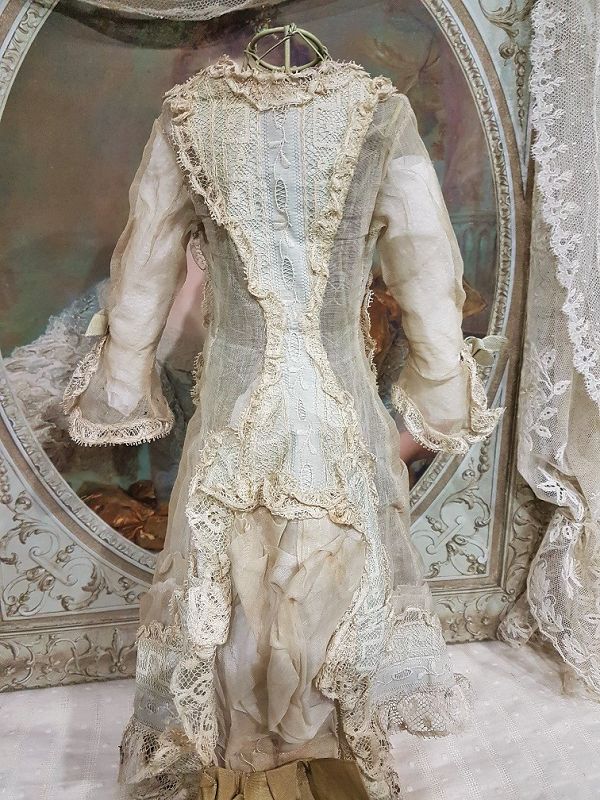 Stunning Antique 1870th. French Poupee Muslin Bustle Gown