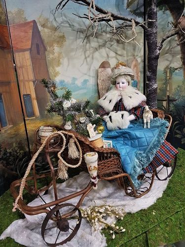 Lovely Antique Basket Weave Dolls Carriage for Display Scene