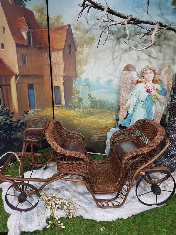 Lovely Antique Basket Weave Dolls Carriage for Display Scene