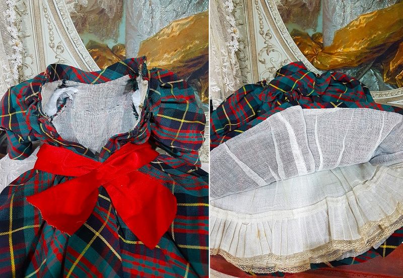 Rare French antique Plaid Costume for Bebe Jumeau