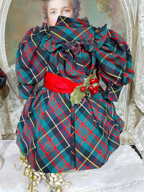 Rare French antique Plaid Costume for Bebe Jumeau