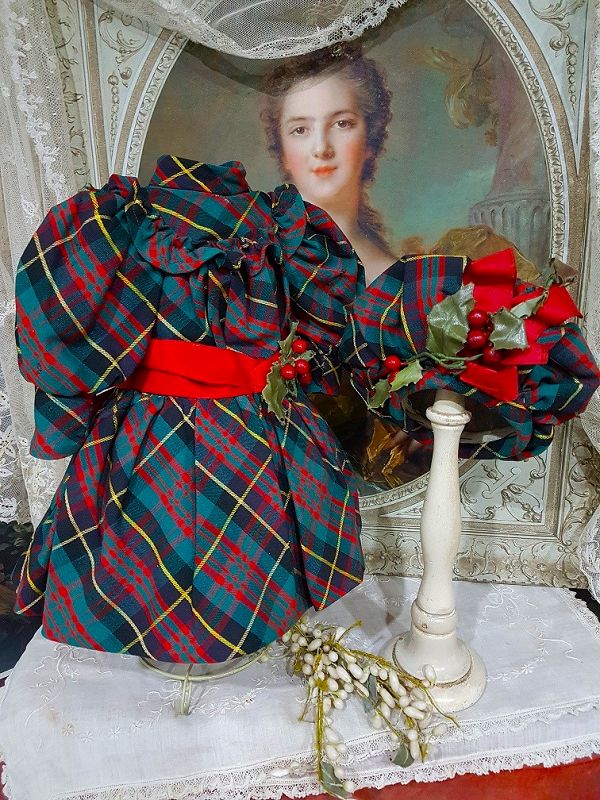 Rare French antique Plaid Costume for Bebe Jumeau