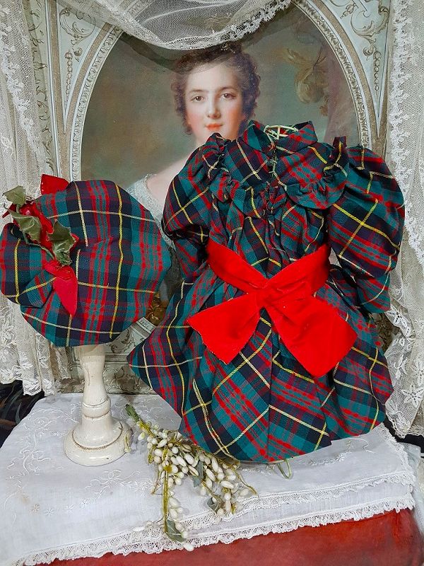 Rare French antique Plaid Costume for Bebe Jumeau