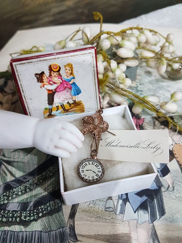 Superb French Faux - Watch Poupee Pin in Original Box for Mlle. Lily