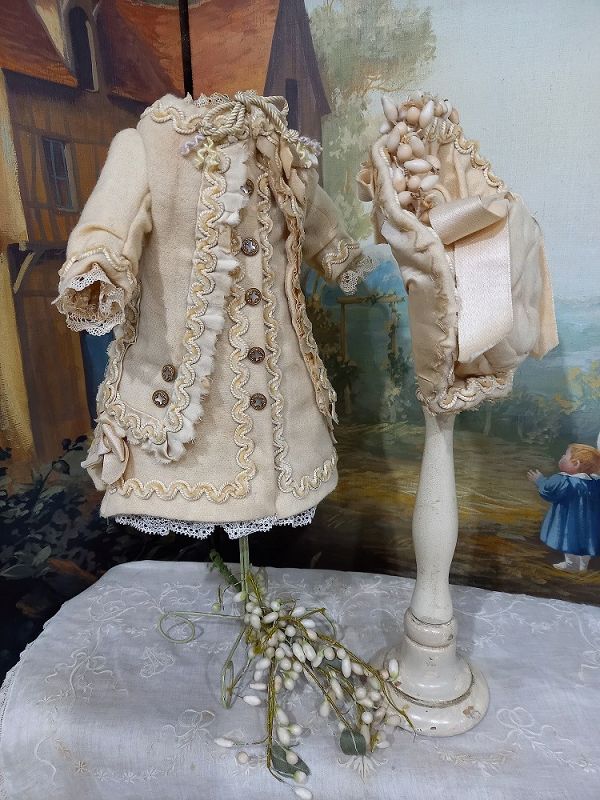 Lovely French ecru Silk and Woolen Coat Dress with Bonnet