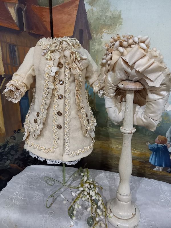 Lovely French ecru Silk and Woolen Coat Dress with Bonnet