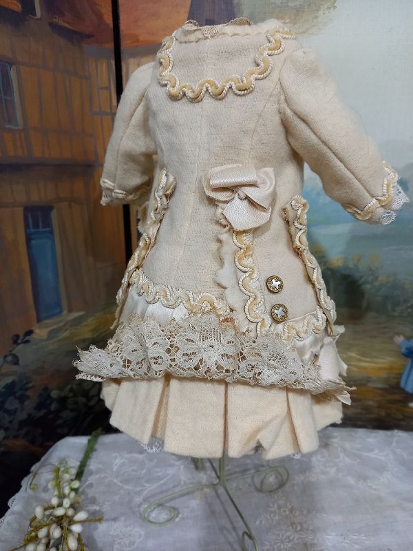 Lovely French ecru Silk and Woolen Coat Dress with Bonnet