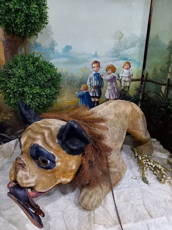 Lovely French Paper Mache Pull-Toy Bulldog for Doll Display ....