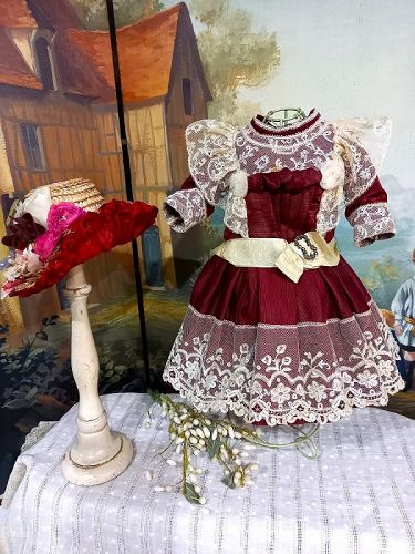 Pretty French Jumeau Red silk Costume with Bonnet