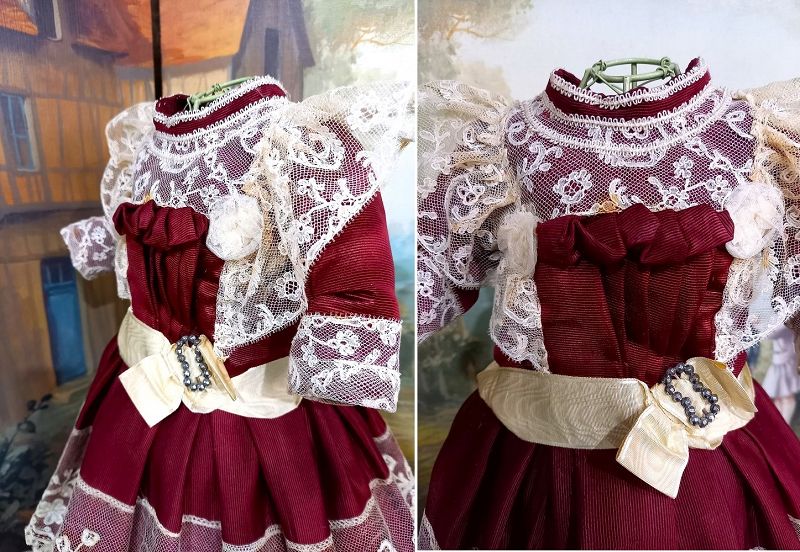Pretty French Jumeau Red silk Costume with Bonnet