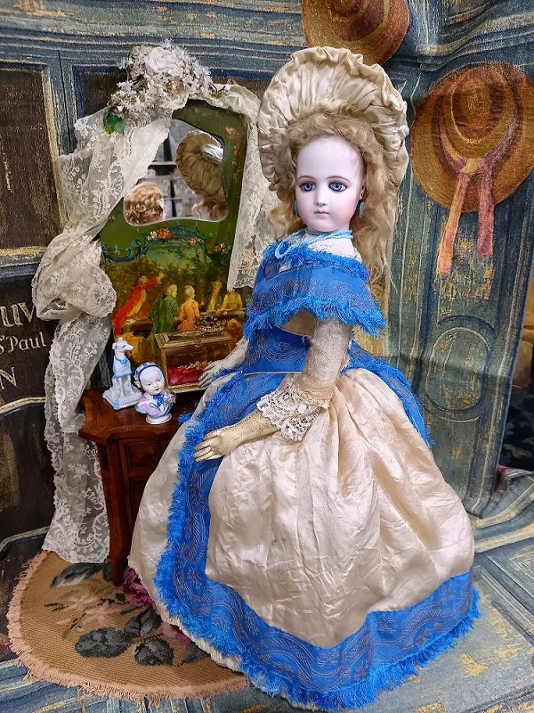 Rare French Bisque Portrait Poupee by Maison Jumeau in stunning Gown