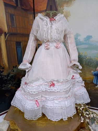 Superb Antique French Poupee Muslin Gown with Pink Underdress