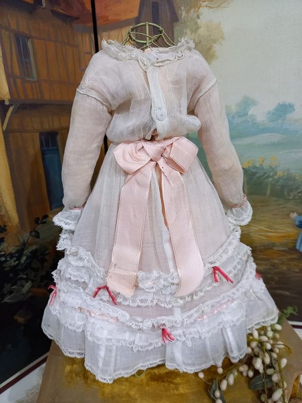 Superb Antique French Poupee Muslin Gown with Pink Underdress