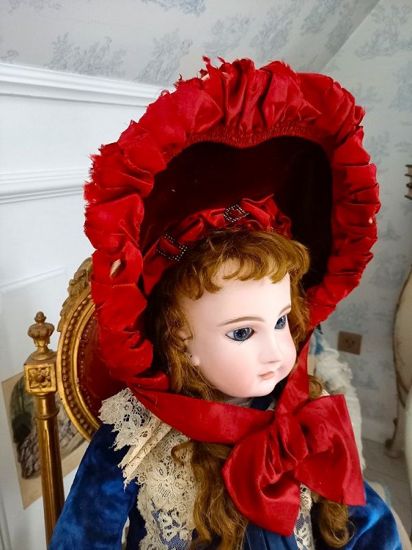 Superb Jumeau red silk Bonnet for circa 15&quot; Head Circumference