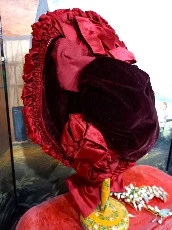 Superb Jumeau red silk Bonnet for circa 15&quot; Head Circumference