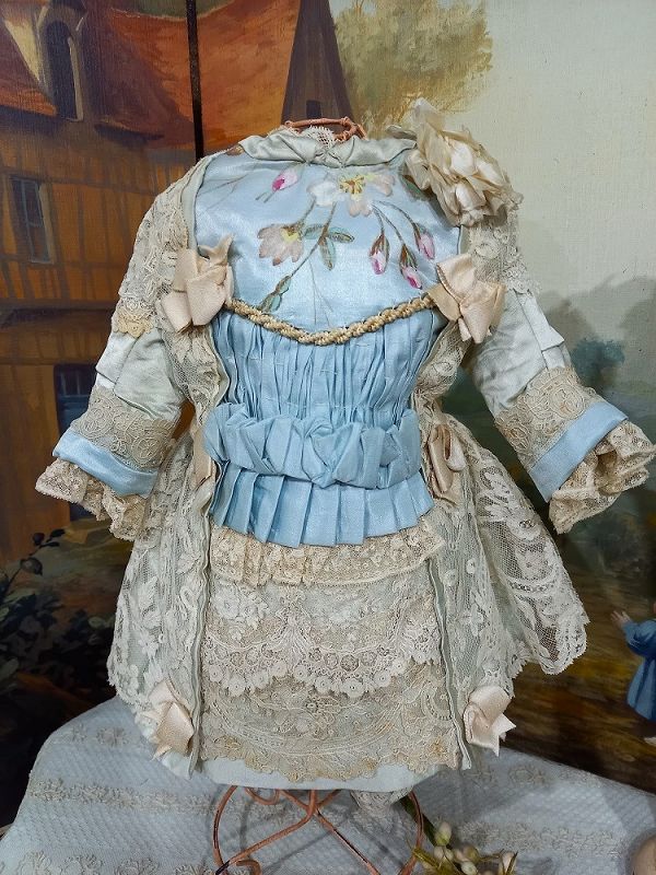 Silk and Lace one of a kind French Bebe Costume with Straw Bonnet