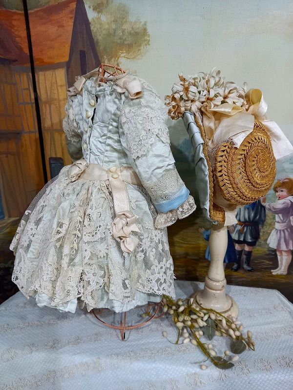 Silk and Lace one of a kind French Bebe Costume with Straw Bonnet