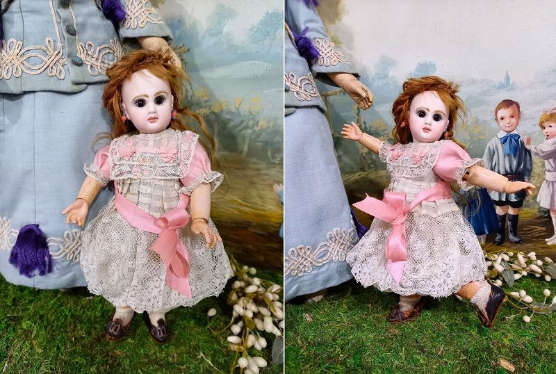 Rare 8&quot; Size 0 tiny Mademoiselle Jumeau in pretty antique Clothing