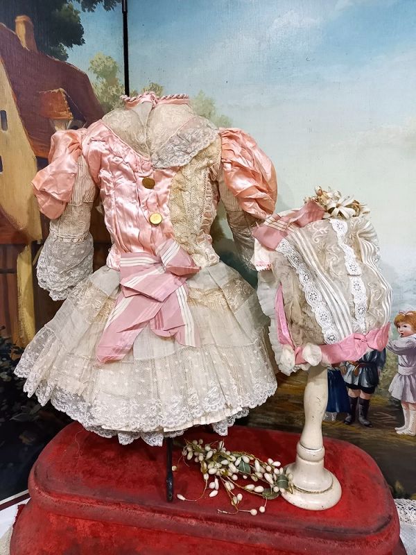 Lovely one of a kind French Couture antique Silk Bebe Costume &amp; Bonnet