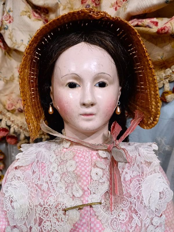 Fine early French Paper Mache Lady with enamel eyes by Voit
