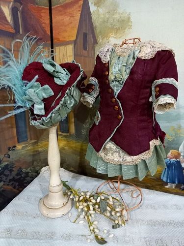 One of a kind French Bebe antique silk Costume & Bonnet