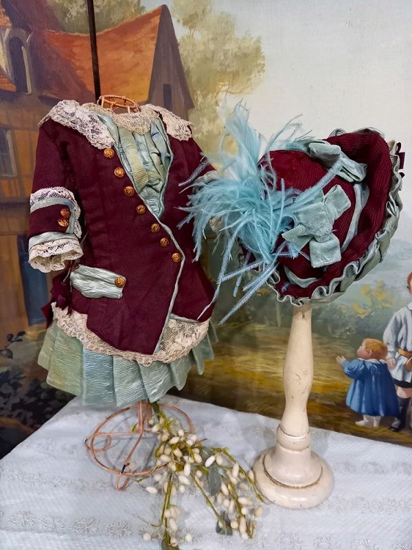 One of a kind French Bebe antique silk Costume &amp; Bonnet
