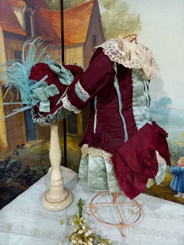 One of a kind French Bebe antique silk Costume &amp; Bonnet