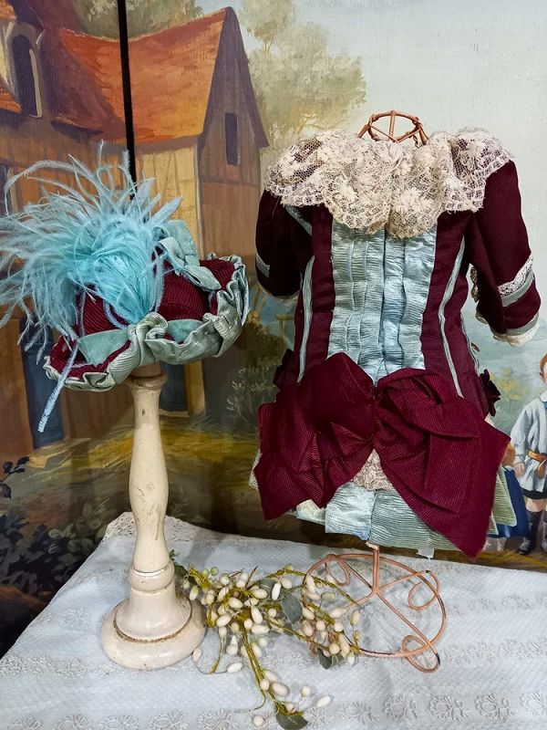 One of a kind French Bebe antique silk Costume &amp; Bonnet