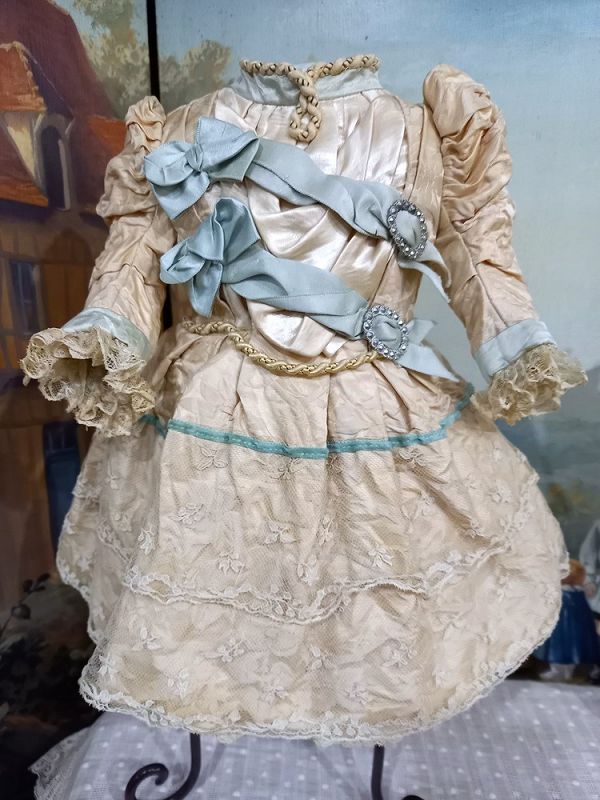 Pretty French Ecru &amp; Blue Silk Costume with matching Bonnet