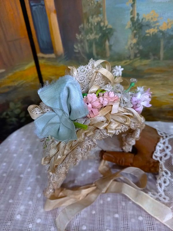 Pretty French Ecru &amp; Blue Silk Costume with matching Bonnet