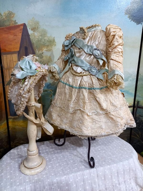 Pretty French Ecru &amp; Blue Silk Costume with matching Bonnet