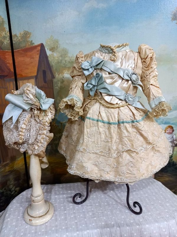 Pretty French Ecru &amp; Blue Silk Costume with matching Bonnet