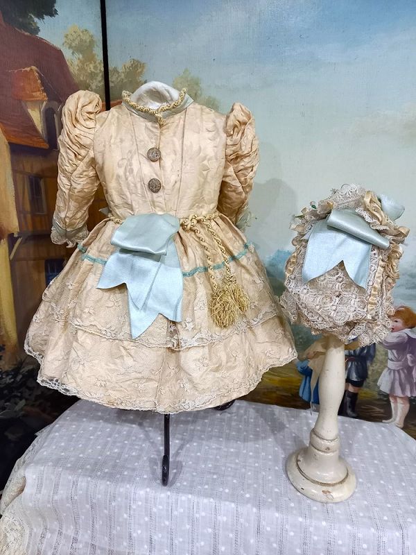 Pretty French Ecru &amp; Blue Silk Costume with matching Bonnet