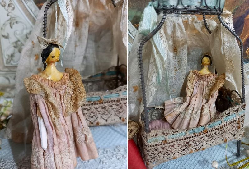 Early Grodnertal Wooden Doll with Original Costume &amp; DayBed
