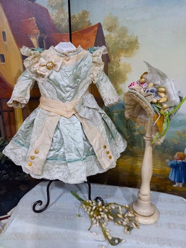 One of a kind French Turquoise Bebe Satin Costume with Bonnet