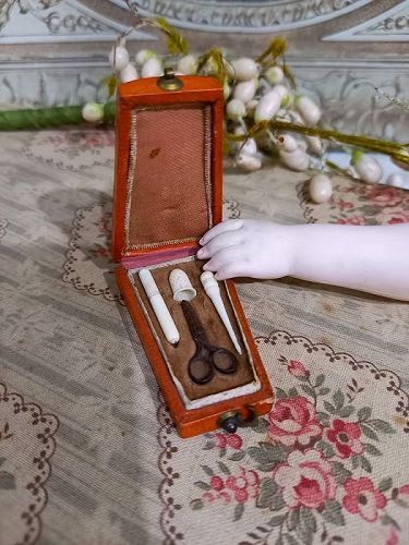 Rare French Miniature Poupee Leather Sewing Necessaire / 1865th.