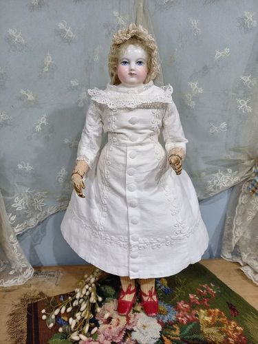 Pretty Huret era White Pique Poupee Dress with Soutache Trim / 1860