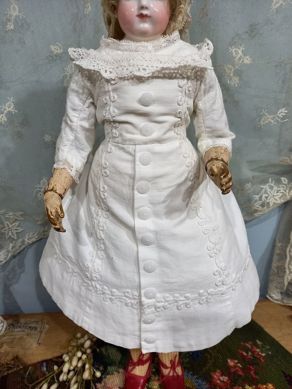 Pretty Huret era White Pique Poupee Dress with Soutache Trim / 1860