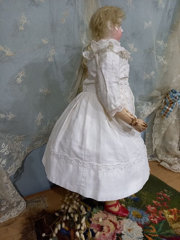 Pretty Huret era White Pique Poupee Dress with Soutache Trim / 1860