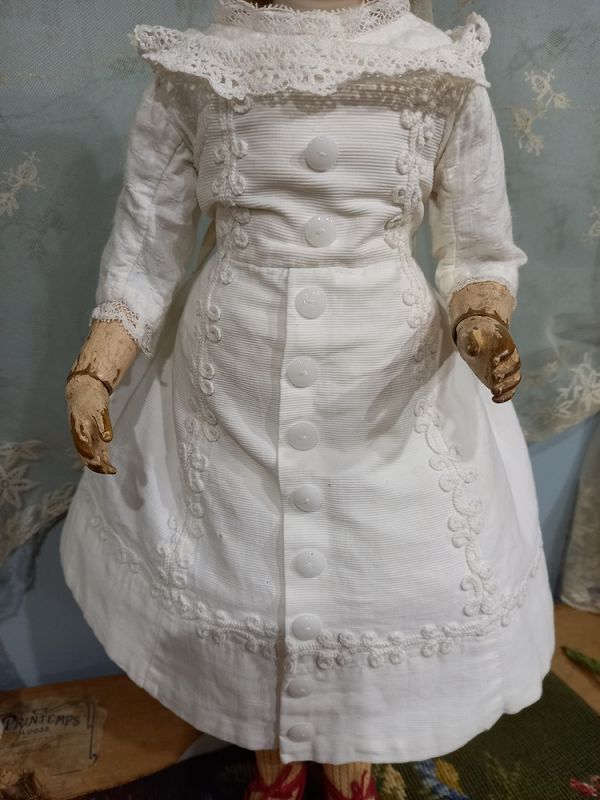 Pretty Huret era White Pique Poupee Dress with Soutache Trim / 1860