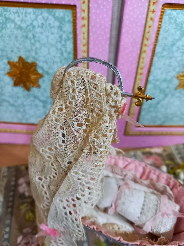 Lovely French Filigree Metal Cradle with Baby